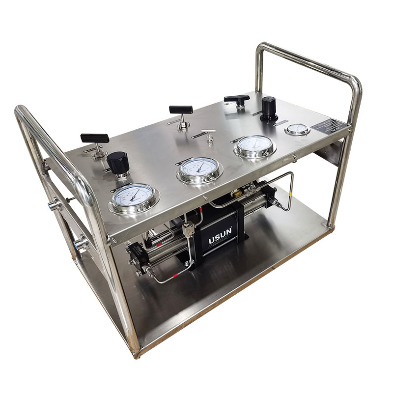 USUN Model:US-GBT Double stage air driven nitrogen gas booster testing pump system with high pressure regulator valve and SS frame