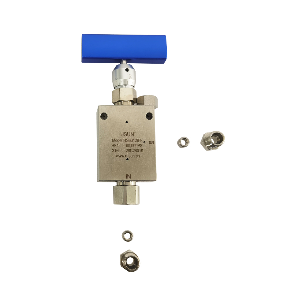 USUN Model: HS60126-F 1/4'' Connection 60,000 PSI High Pressure Micro Metering Angle Replaceble Seat Needle Valve