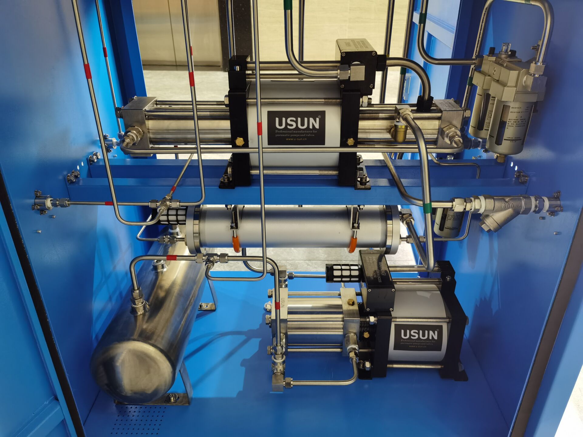 USUN Model:US-GB02T-H2/GBT7-30-H2 3-150 Bar Dual air driven hydrogen gas booster system with cooler for hydrogen tank refilling 
