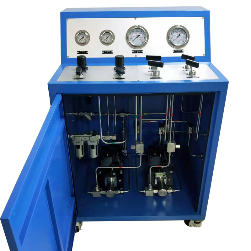 USUN Model:US-AT130 130：1 Maximum 100 MPA high flow dual air hydraulic pump system with blue cabinet and valves and fittings 