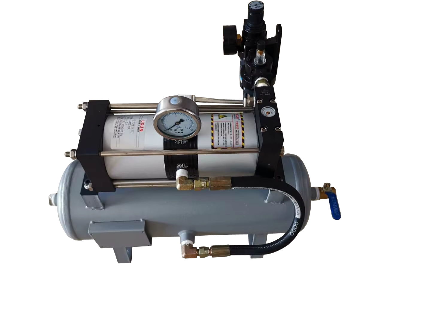 USUN Model:AB02-B 8-16 Bar output 100 MM driven cost effective air pressure booster pump with 20 L air tank and high pressure regulator 